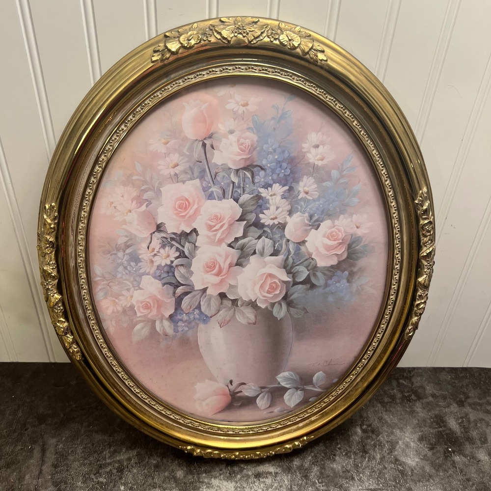 Vintage Oval Framed Pastel Floral Print | TC Chiu | Cottage